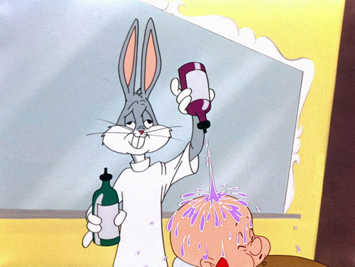 Bugs Bunny as Figaro and Elmer Fudd as Bartolo in Rabbit of Seville