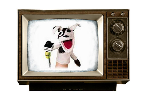 Pets.com sock puppet on a TV screen