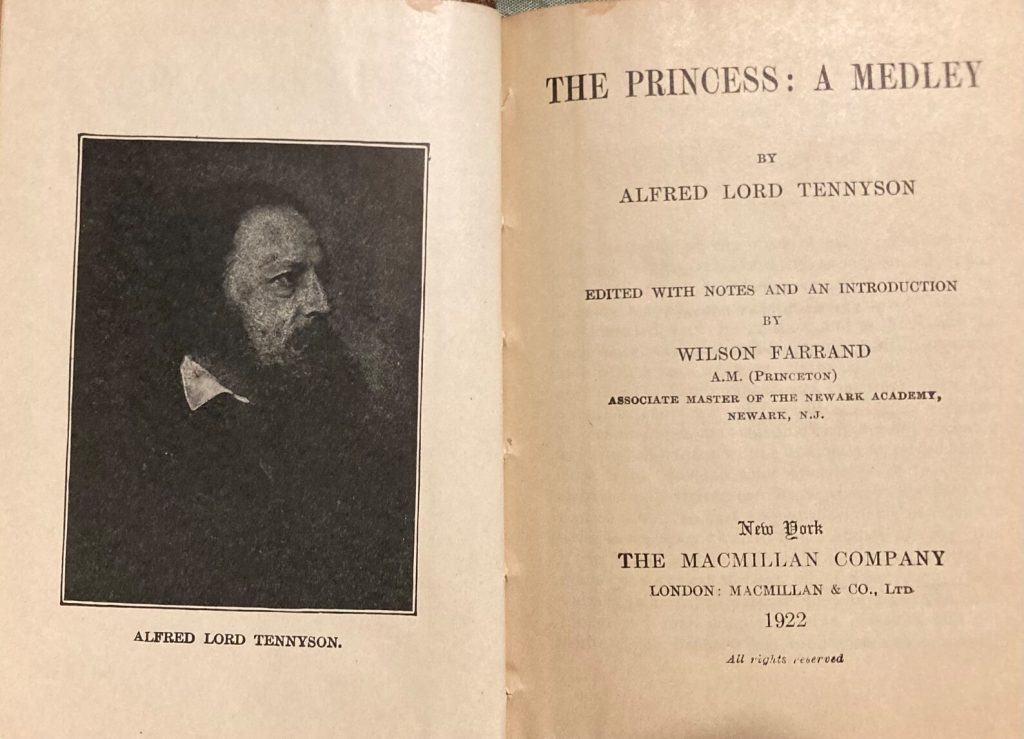 Author pic and title page of 1922 Macmillan edition of The Princess by Tennyson