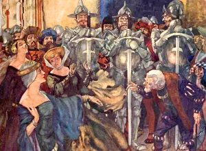 Antique illustration of court scene in first act of "Princess Ida" featuring the Princess, Gama and the Warriors Three.