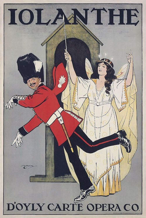 Iolanthe D'Oyly Carte poster with Fairy Queen and guard Private Willis in front of Parliament