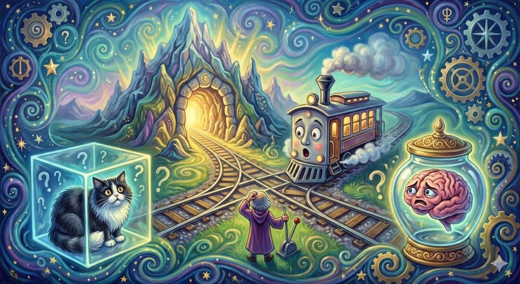 A humorous AI generated image combining philosophy metaphors: near Plato's Cave, a trolley operator must choose to run over either Schrodinger's Cat in a box or a brain in a jar